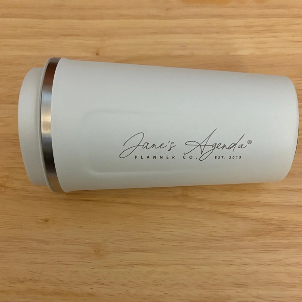 Jane’s Agenda White Travel Mug from the Dec Sub box